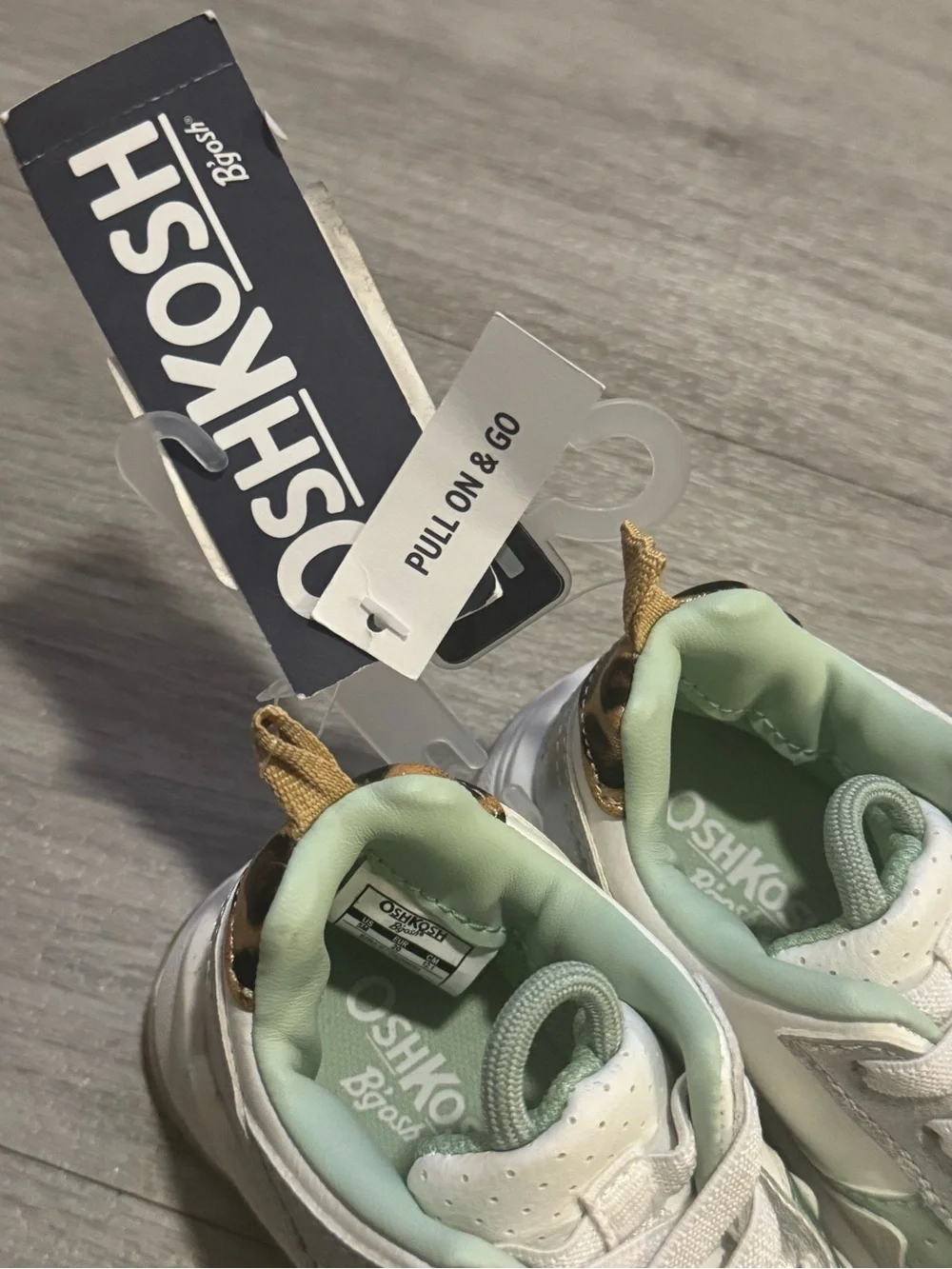 OshKosh B'gosh Mint Green & White and cheetah print Kids Pull-On Sneakers
